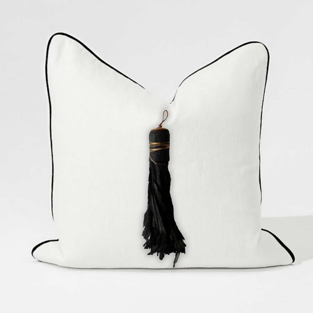 Bandhini Design House Lounge Cushion Tassel Feather White & Black Lounge Cushion 55 x 55cm