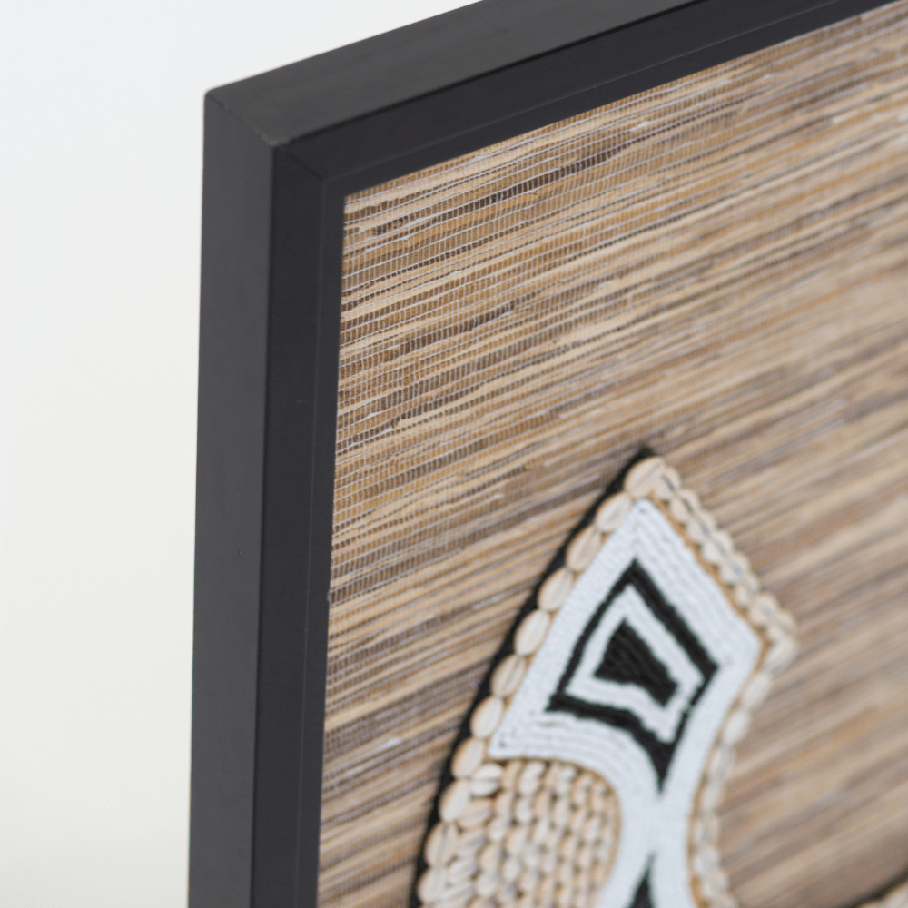 Bandhini Homewear Design Artwork Black Frame Shell African Bead Horseshoe on Grass Weave Artwork 67cm x 85cm