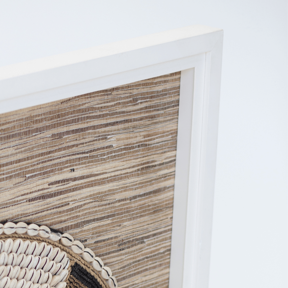 Bandhini Homewear Design Artwork White Frame Shell African Bead Horseshoe on Grass Weave Artwork 67cm x 85cm