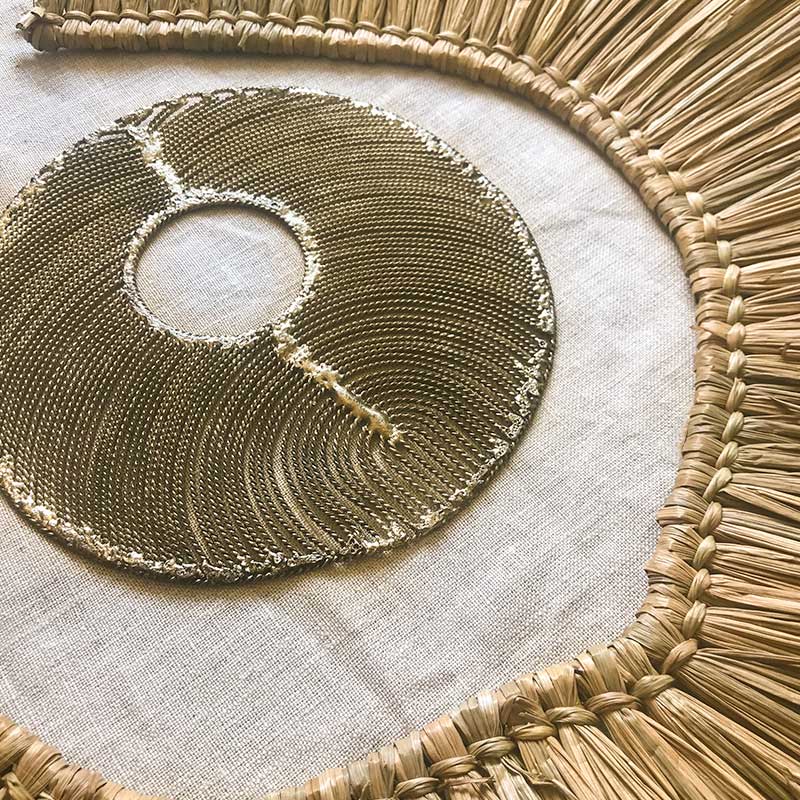 Bandhini Homewear Design Artwork African Disc Gold & Grass Ring on White Artwork 67 x 85 cm