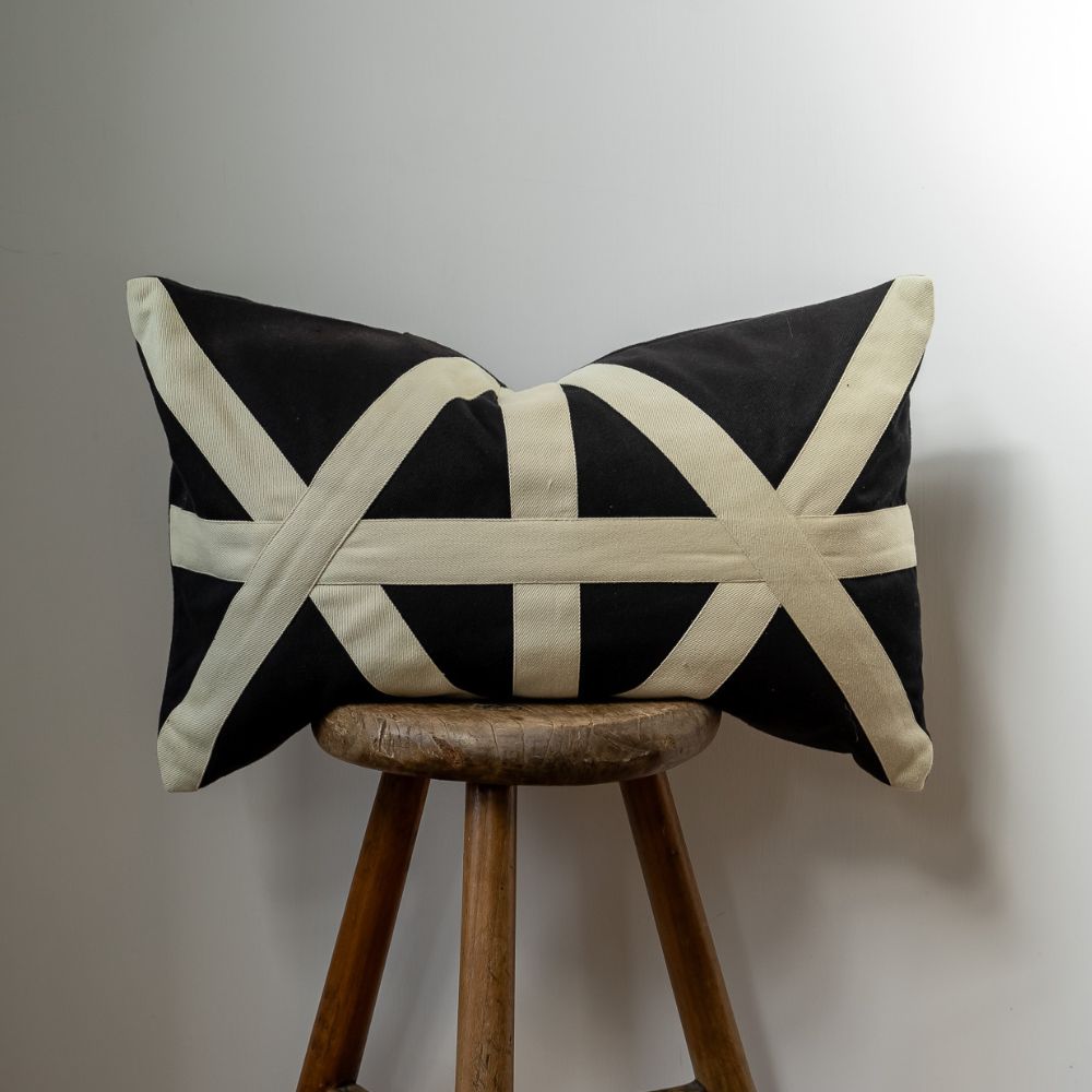Bandhini - Design House Black Friday 23 Cross Patch Black Natural Lumbar Cushion 35 x 53cm