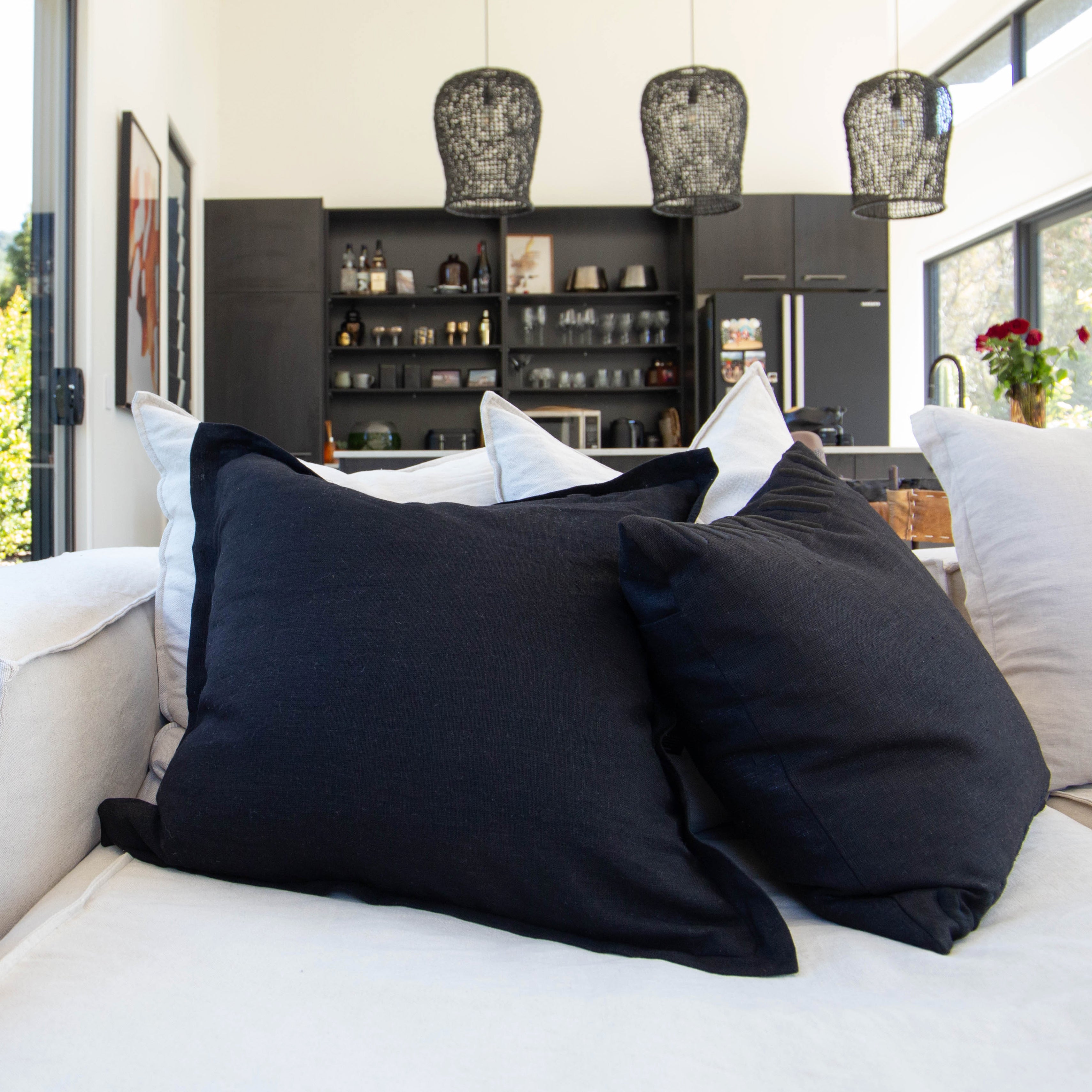 Bandhini Design House Euro Cushion Linen Flange Black Lounge Cushion 55 x 55cm