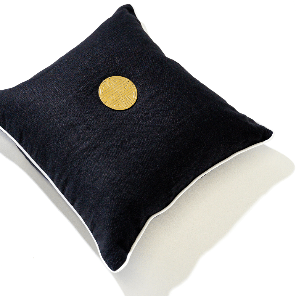 Bandhini Design House Gold Coin Amulet Black & White Lounge Cushion 55 x 55cm