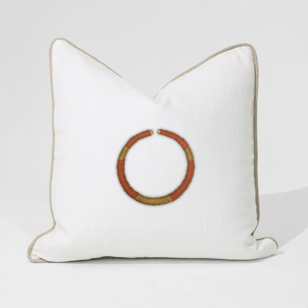 Bandhini Design House Lounge Cushion Amulet Leather Tan on White & Natural Lounge Cushion 55 x 55cm