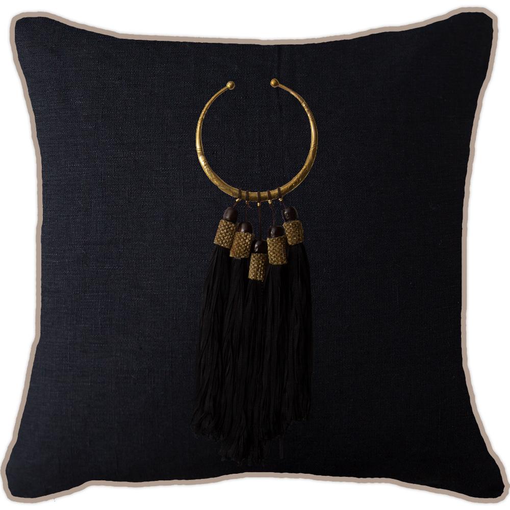 Bandhini Design House Lounge Cushion Black Tassel Amulet Black & Natural Lounge Cushion 55 x 55cm