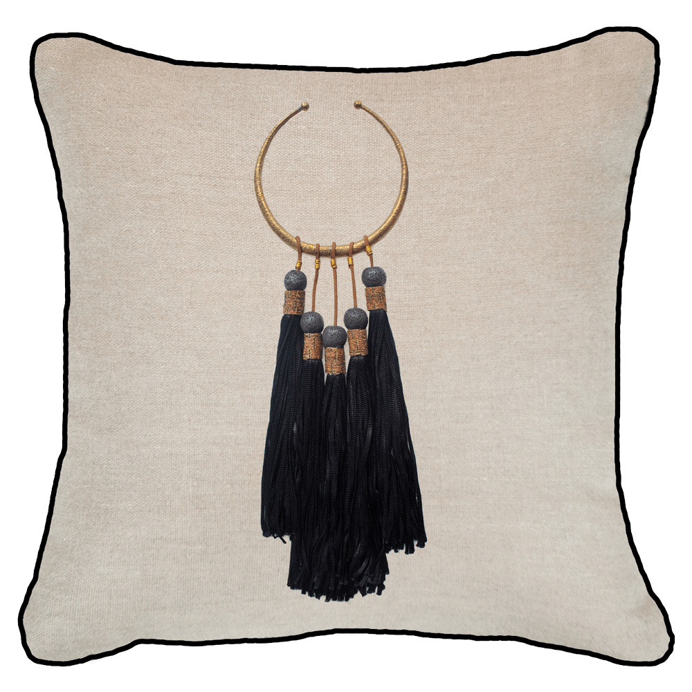 Bandhini Design House Lounge Cushion Black Tassel Amulet Natural & Black Lounge Cushion 55 x 55cm