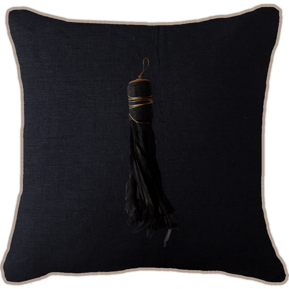 Bandhini Design House Lounge Cushion Black Tassel Feather Black & Natural Lounge Cushion 55 x 55cm