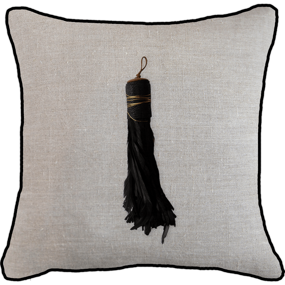 Bandhini Design House Lounge Cushion Black Tassel Feather Natural & Black Lounge Cushion 55 x 55cm