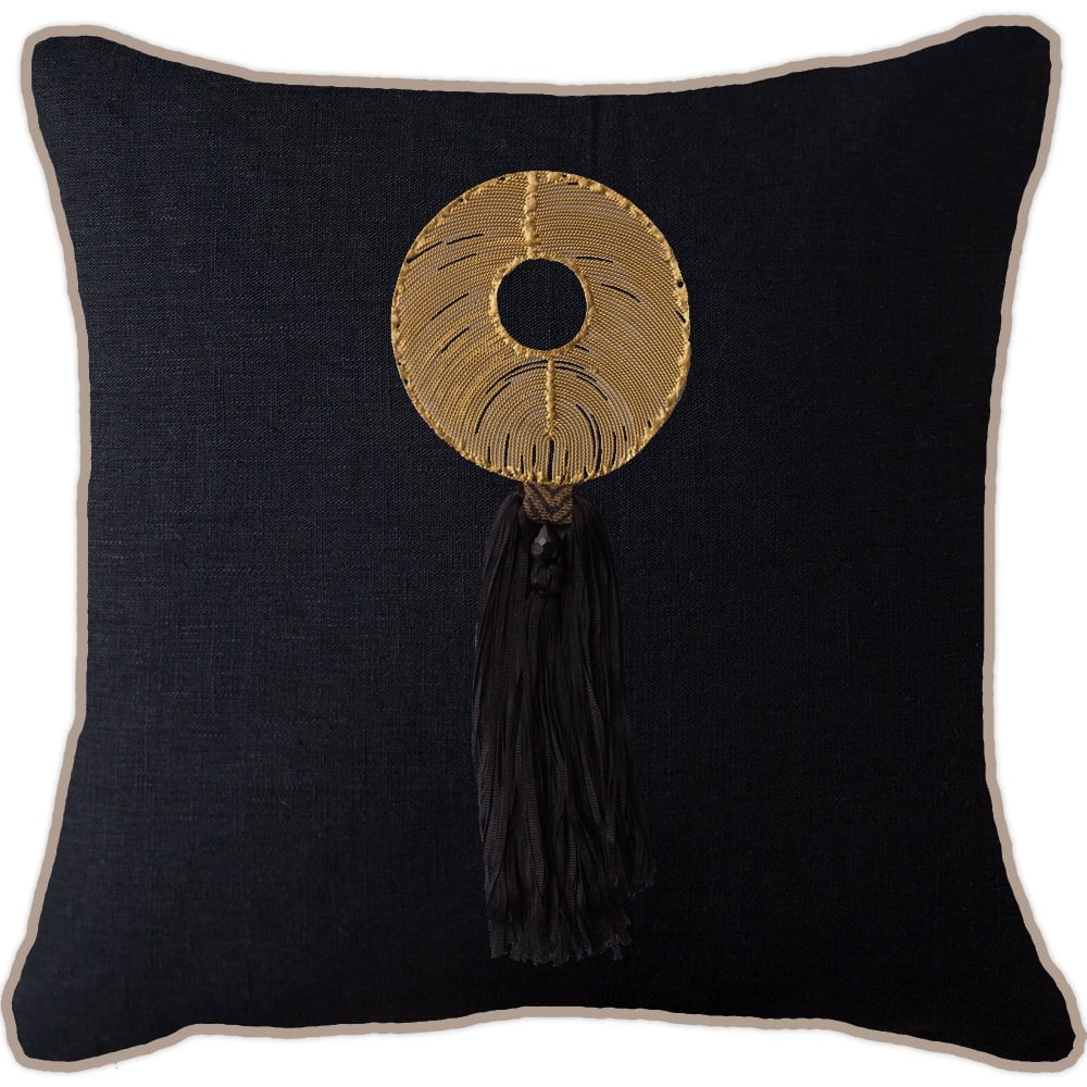 Bandhini Design House Lounge Cushion Black Tassel Gold Disc Black & Natural Lounge Cushion 55 x 55cm
