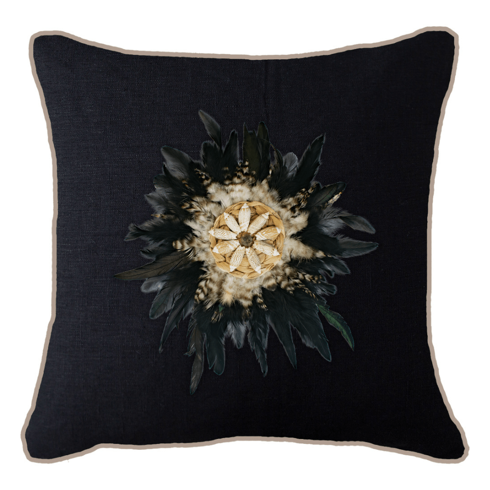 Bandhini Design House Lounge Cushion Black with Natural Piping Feather Shell Black Juju Lounge Cushion 55 x 55cm