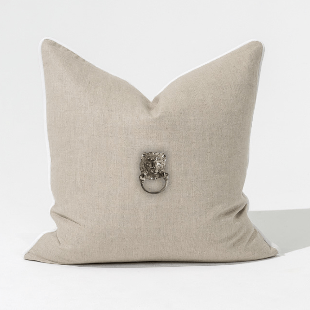 Bandhini Design House Lounge Cushion Creature Metal Silver Lion Head Natural & White Lounge Cushion 55 x 55cm