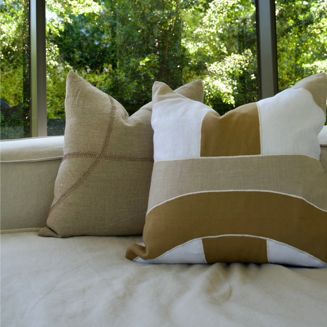 Bandhini Design House Lounge Cushion Linen Lace Curves Stitch Natural Lounge Cushion 55 x 55cm