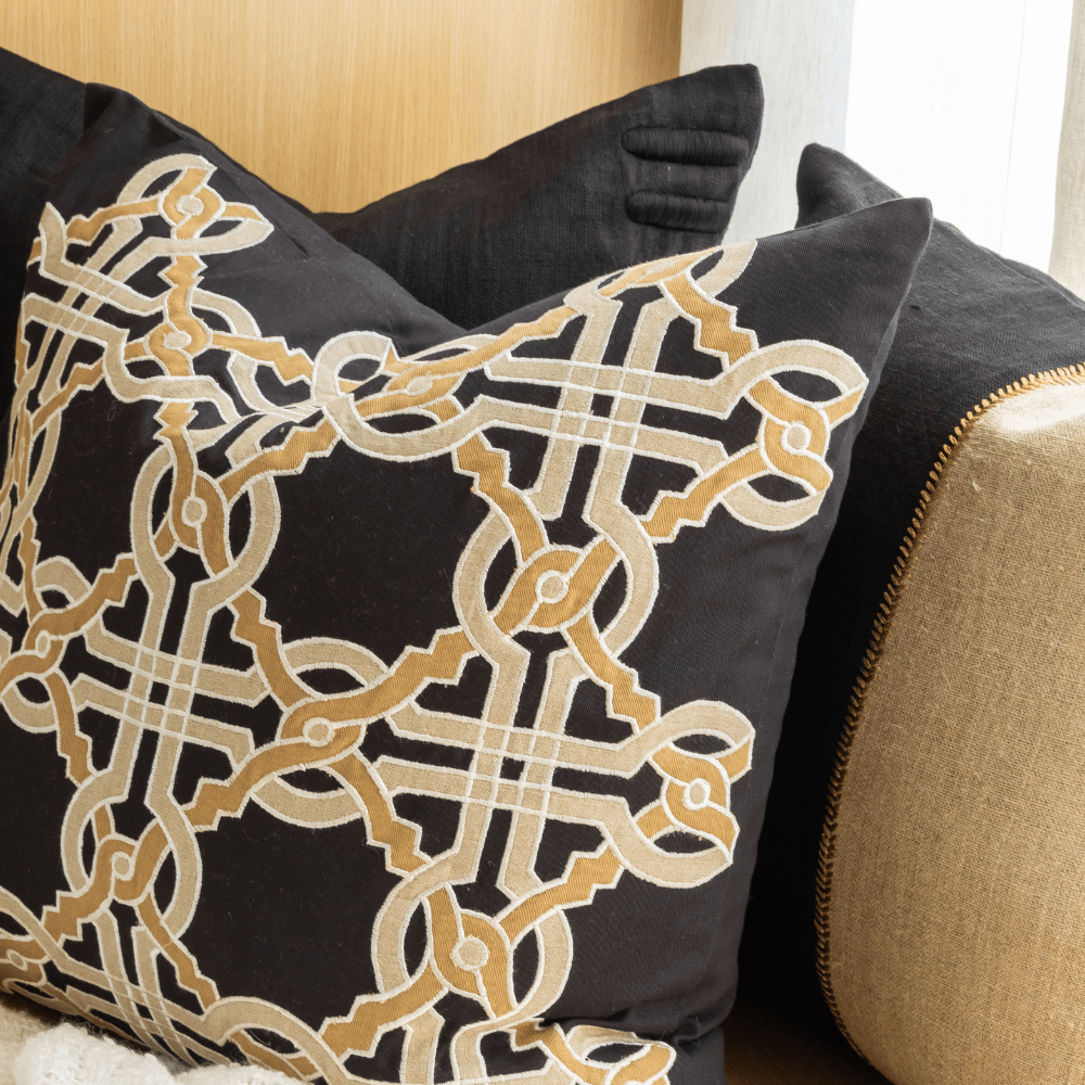 Bandhini Design House Lounge Cushion Linen Lace Stitch Natural Black Lounge Cushion 55 x 55cm