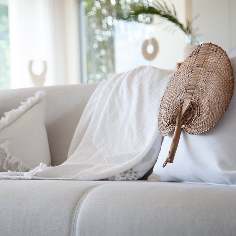 Bandhini Design House Lounge Cushion Natural Raffia Fan White & White Lounge Cushion 55 x 55cm