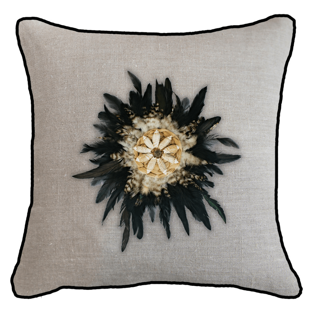 Bandhini Design House Lounge Cushion Natural with Black Piping Feather Shell Black Juju Lounge Cushion 55 x 55cm