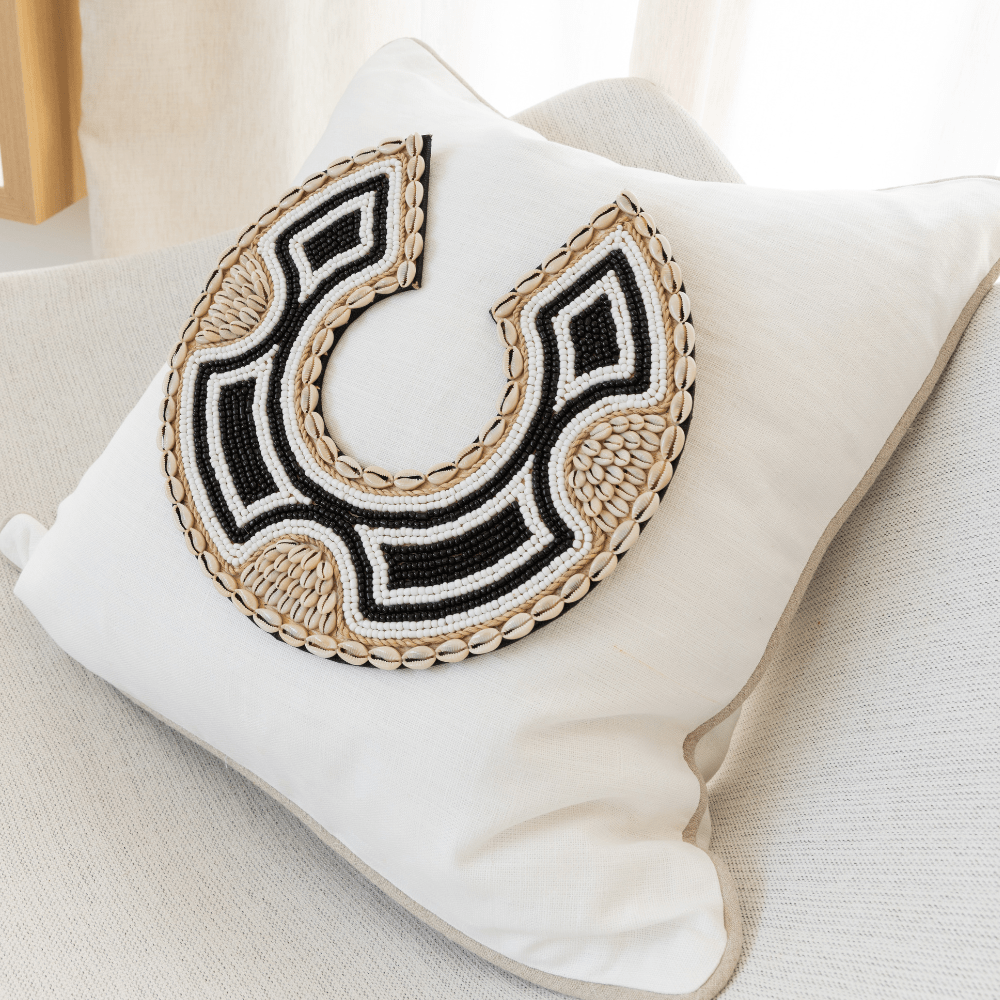 Bandhini Design House Lounge Cushion Shell African Bead Horseshoe White & Natural Lounge Cushion 55 x 55cm