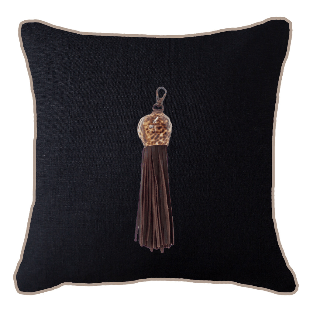 Bandhini Design House Lounge Cushion Shell Tassel Leather Black & Natural Lounge Cushion 55 x 55cm