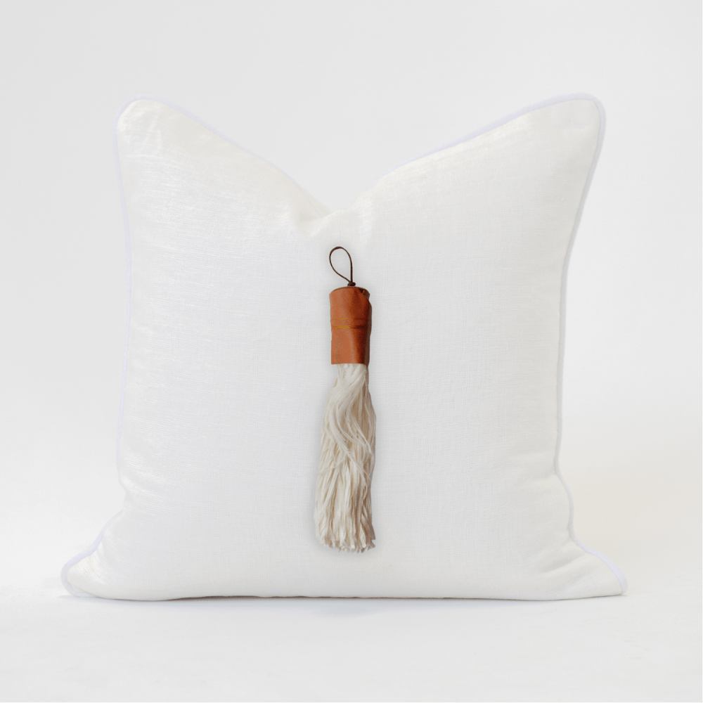 Bandhini Design House Lounge Cushion Tassel Feather White Linen Lounge Cushion 55 x 55cm