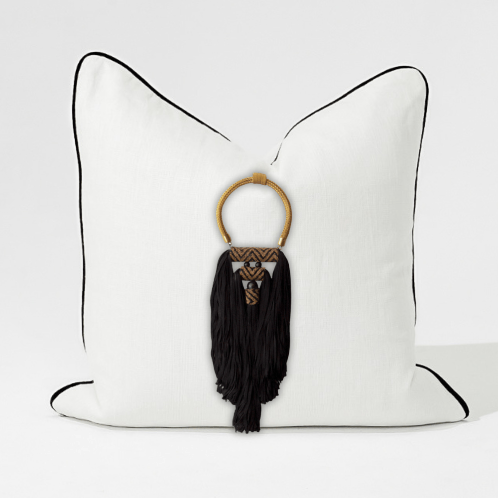 Bandhini Design House Lounge Cushion Tassel Spanish White & Black Lounge Cushion 55 x 55cm
