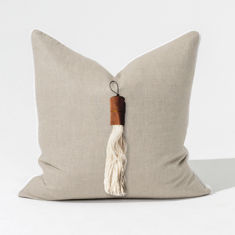 Bandhini Design House Lounge Cushion White Tassel Feather Natural & White Lounge Cushion 55 x 55cm