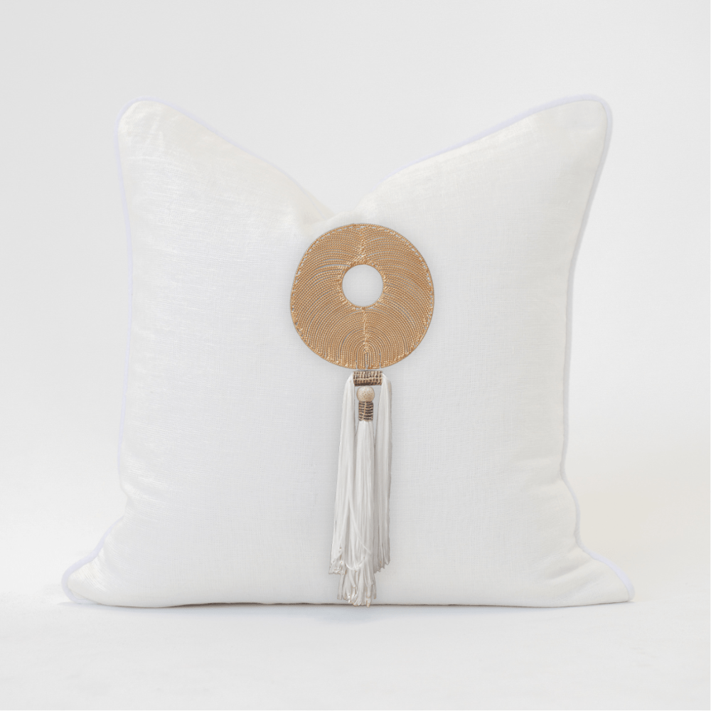 Bandhini - Design House Lounge Cushion White Tassel Gold Disc White & White Lounge Cushion 55 x 55cm