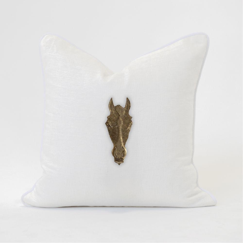 Bandhini Design House Lounge Cushion White with White Piping Creature Metal Horse Head Lounge Cushion 55 x 55cm