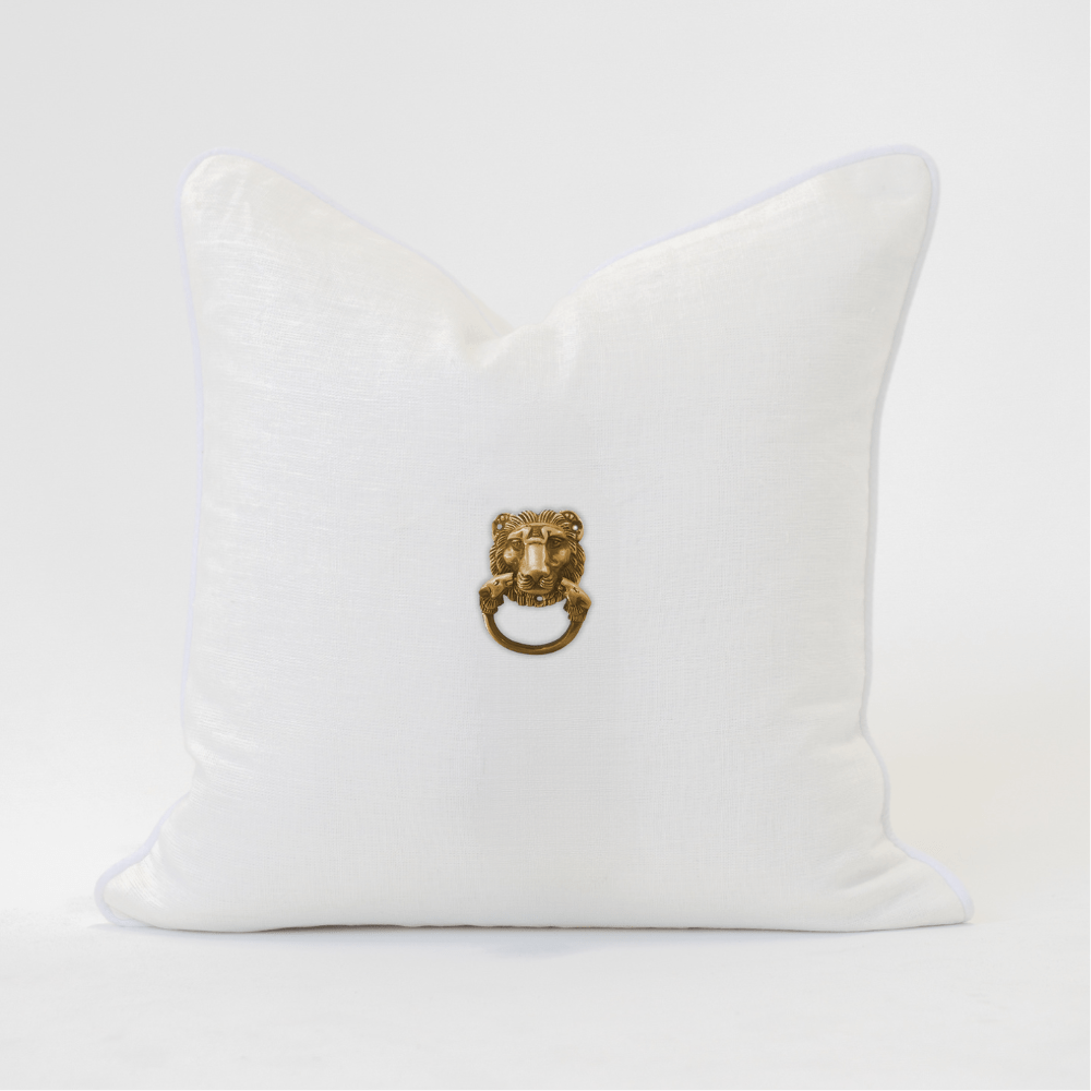 Bandhini Design House Lounge Cushion White with White Piping Creature Metal Lion Head Gold Lounge Cushion 55 x 55cm