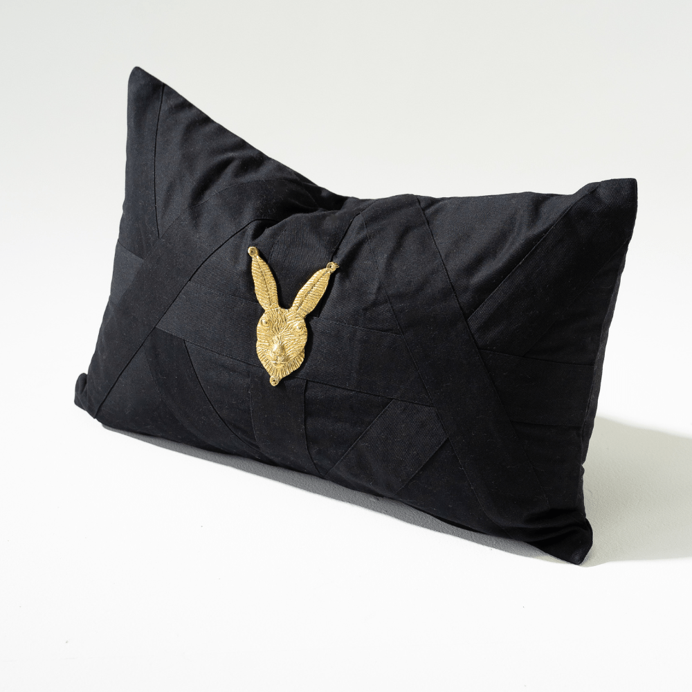 Bandhini Design House Lumber Cushion Creature Metal Rabbit Head Black Lumbar Cushion 35 x 53cm