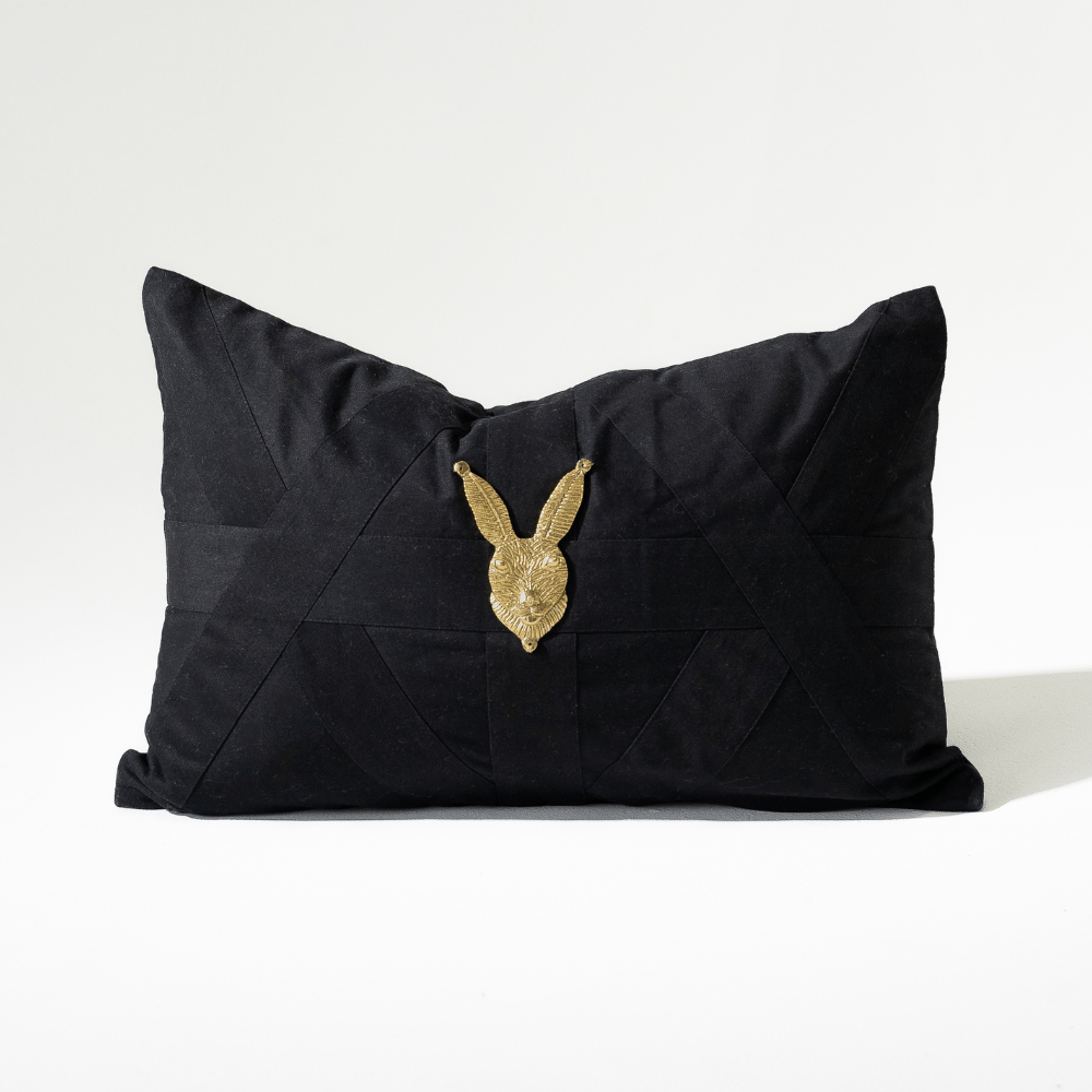 Bandhini Design House Lumber Cushion Creature Metal Rabbit Head Black Lumbar Cushion 35 x 53cm