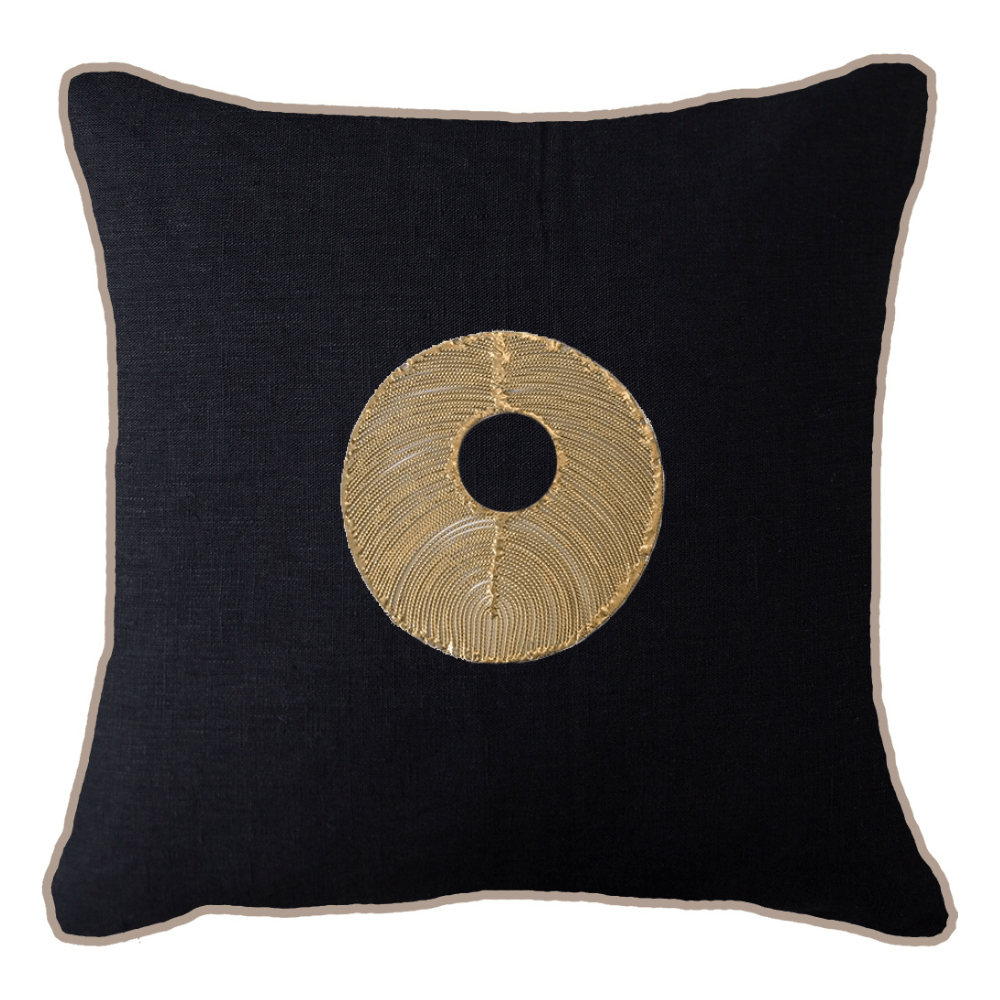 Bandhini Design House Medium Cushion Disc Gold Black & Natural Lounge Cushion 55 x 55cm