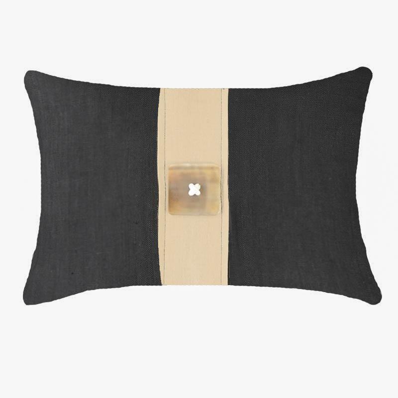 Bandhini Design House Outdoor Black & Natural Outdoor Horn Button Lumbar Cushion 35 x 53cm