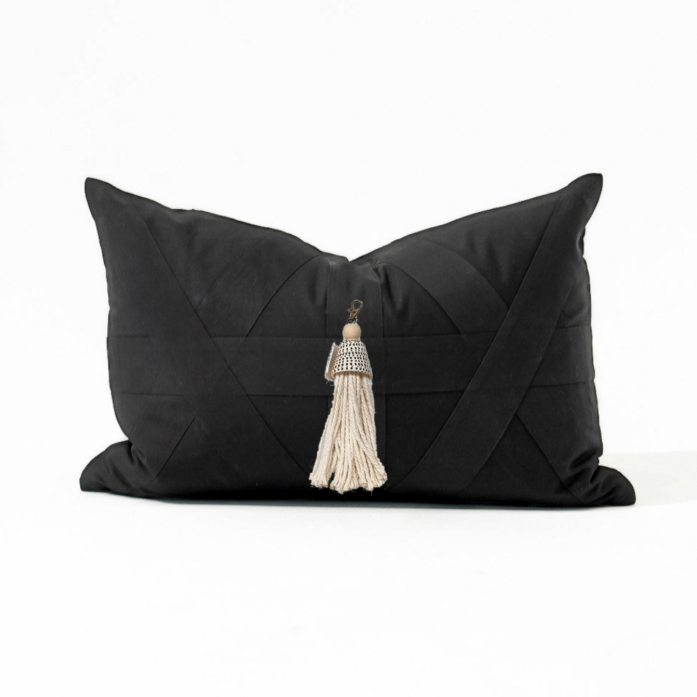 Bandhini Design House Shell Junonia White Tassel Black Lumbar Cushion 35 x 53cm