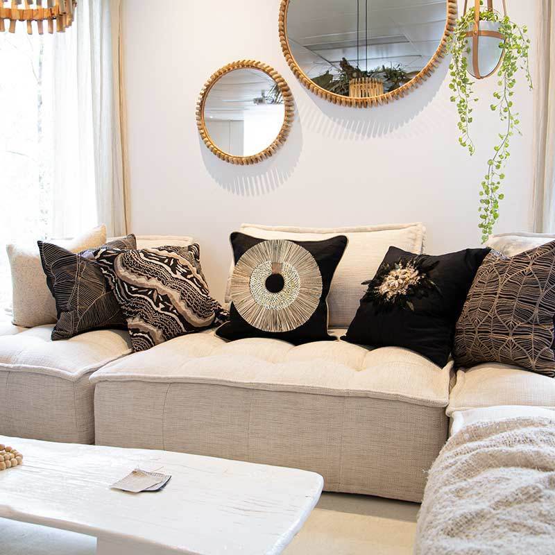 Bandhini Design House Shell Ring Coffee with Wood Sticks Black & Natural Lounge Cushion 55 x 55cm