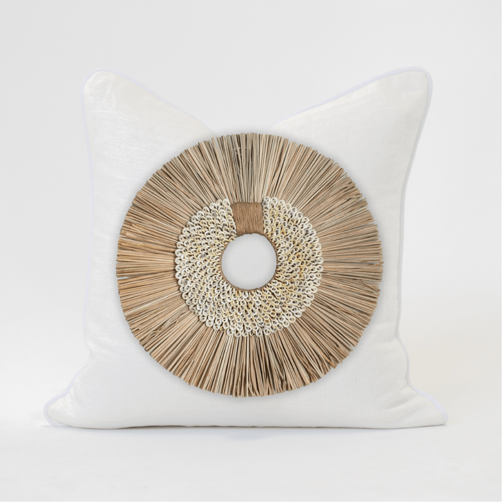Bandhini Design House Shell Ring Coffee with Wood Sticks White & White Lounge Cushion 55 x 55cm