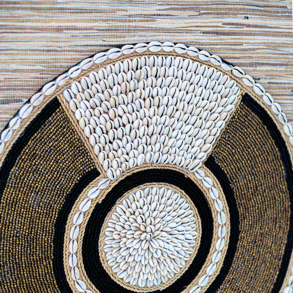 Bandhini Homewear Design Artwork Shell African Bead Ring on Grass Weave Artwork
