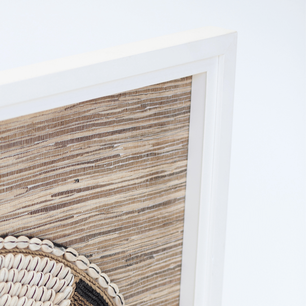 Bandhini Homewear Design Artwork White Frame Shell African Bead Ring on Grass Weave Artwork