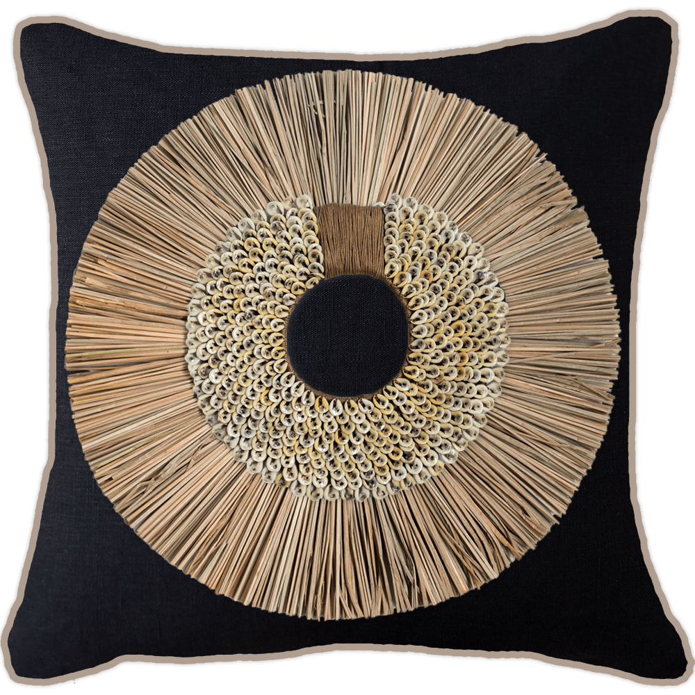 Bandhini - Design House Black with Natural Piping / 22 x 22 Inches Shell Ring Coffee with Wood Sticks Lounge Cushion 55 x 55 cm