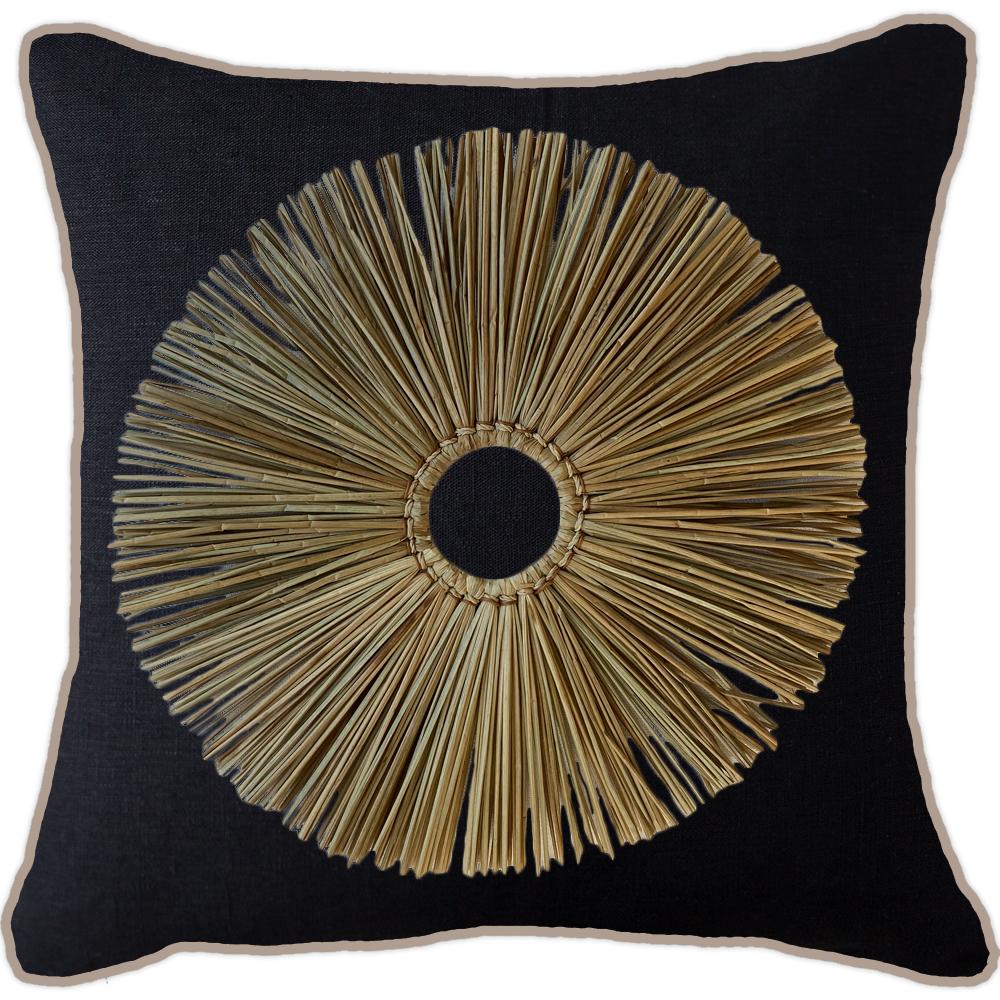 Bandhini - Design House Lounge Cushion 22 x 22 Inches / Black with Natural Piping Grass Ring Lounge Cushion 55x55cm