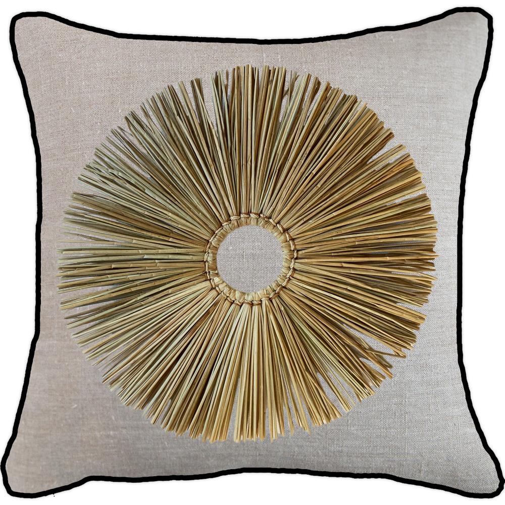 Bandhini - Design House Lounge Cushion 22 x 22 Inches / Natural with Black Piping Grass Ring Lounge Cushion 55x55cm