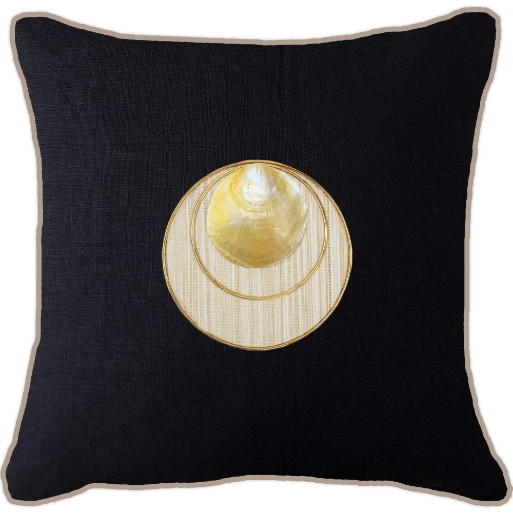 Bandhini - Design House Lounge Cushion Black with Natural Piping / 22 x 22 Inches Shell Disc Gold Lounge Cushion 55 x 55cm