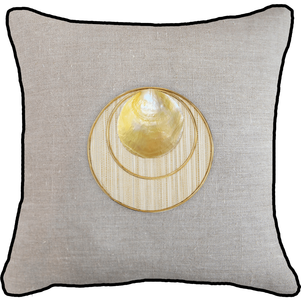 Bandhini - Design House Lounge Cushion Natural with Black Piping / 22 x 22 Inches Shell Disc Gold Lounge Cushion 55 x 55cm