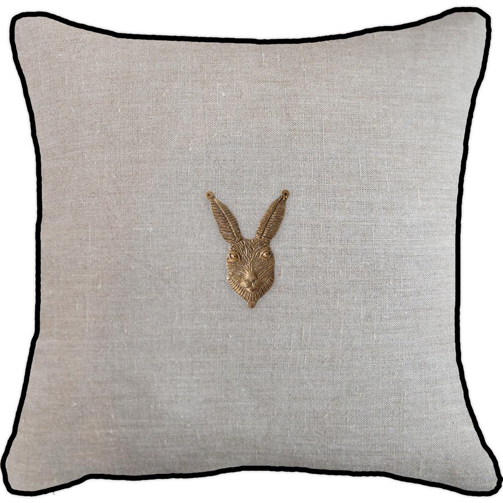 Bandhini - Design House Lounge Cushion Natural with Black Piping Creature Metal Rabbit Head Lounge Cushion 55x55cm