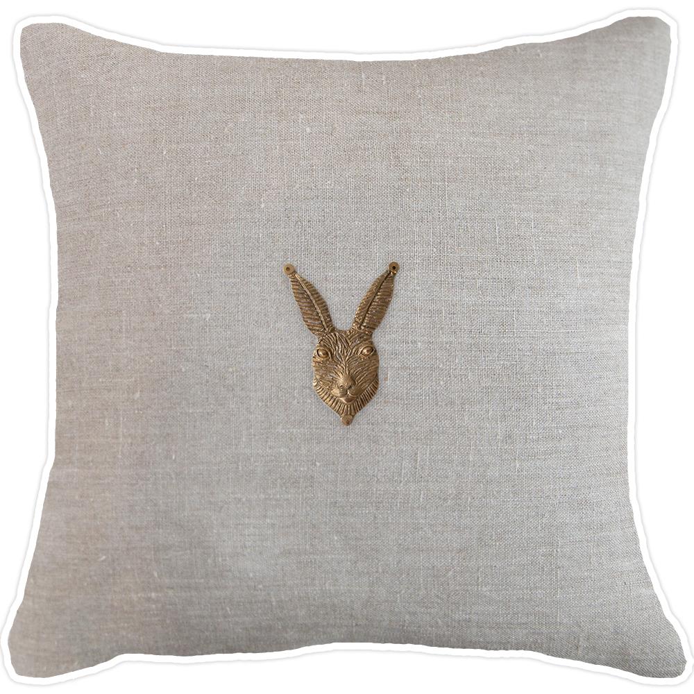 Bandhini - Design House Lounge Cushion Natural with White Piping Creature Metal Rabbit Head Lounge Cushion 55x55cm
