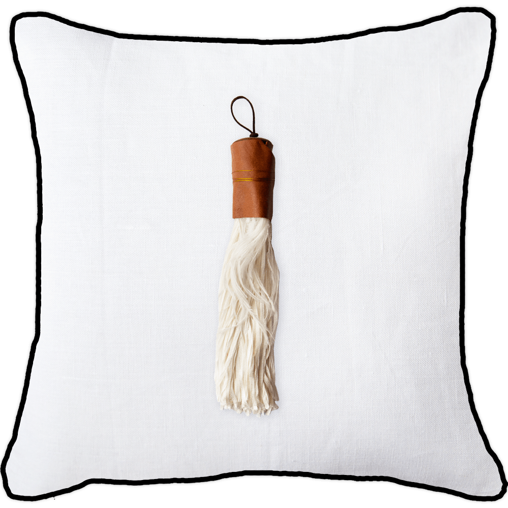 Bandhini - Design House Lounge Cushion White with Black Piping / 22 x 22 Inches Tassel Feather White Linen Lounge Cushion 55 x 55cm