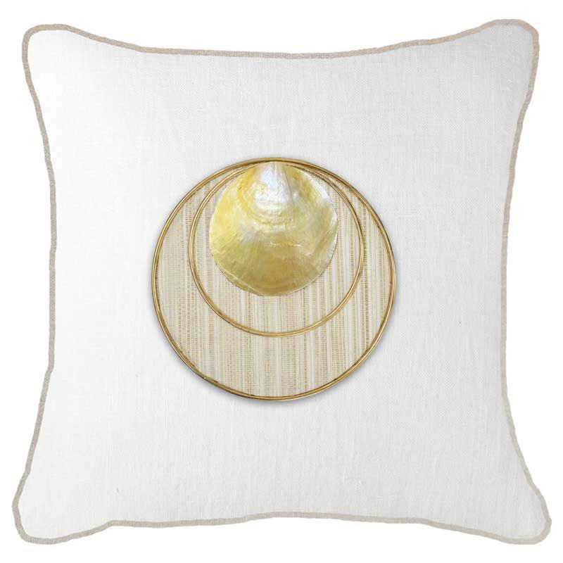 Bandhini - Design House Lounge Cushion White with Natural Piping / 22 x 22 Inches Shell Disc Gold Lounge Cushion 55 x 55cm