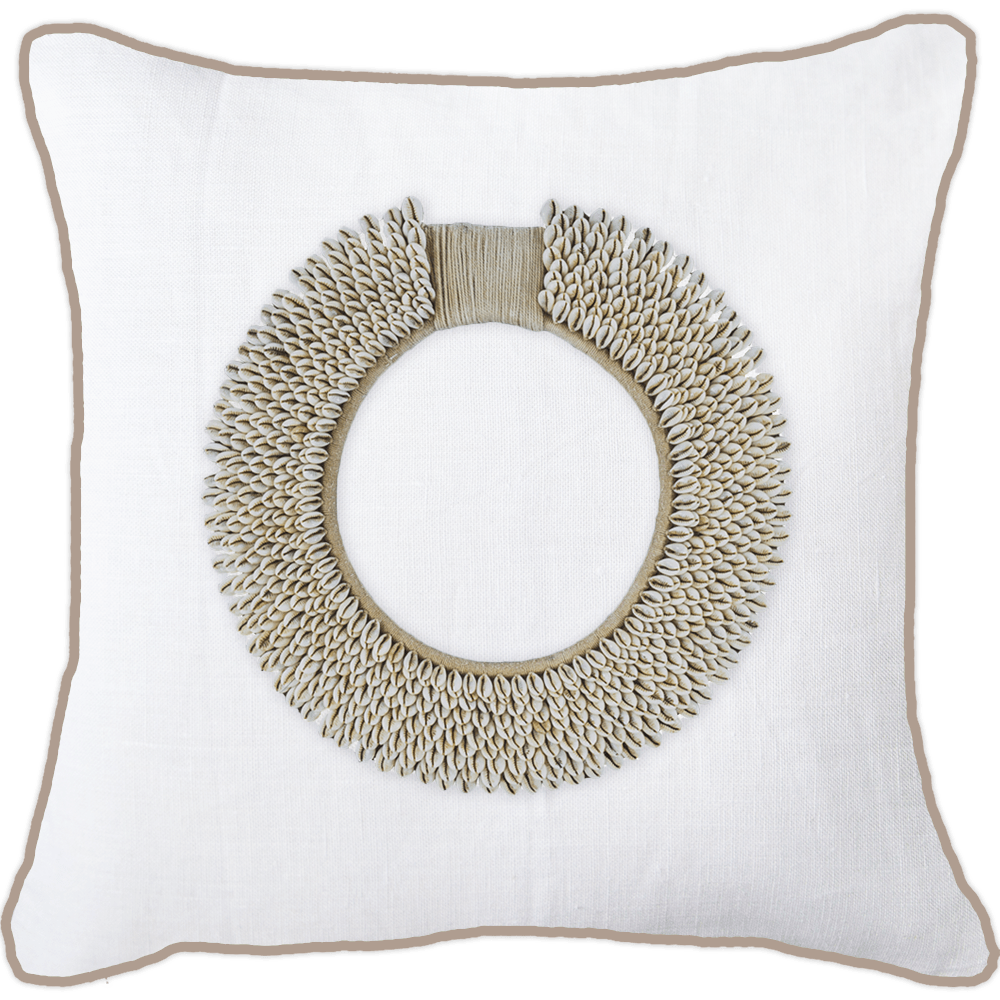 Bandhini - Design House Lounge Cushion White with Natural Piping / 22 x 22 Inches Shell Ring Natural Lounge Cushion 55 x 55 cm