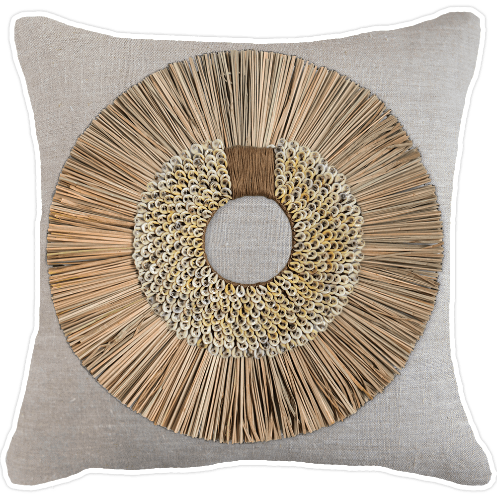 Bandhini - Design House Natural with White Piping / 22 x 22 Inches Shell Ring Coffee with Wood Sticks Lounge Cushion 55 x 55 cm