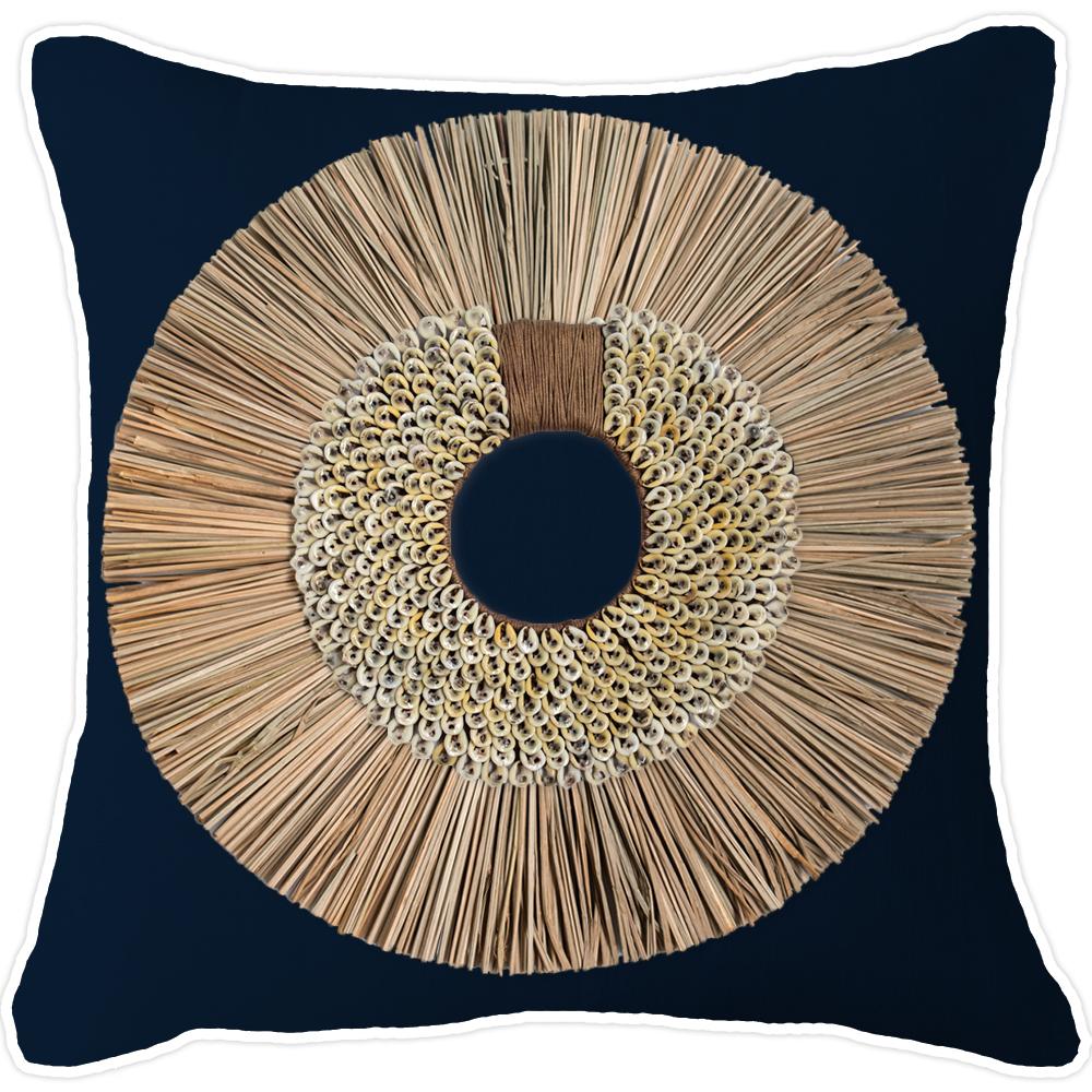 Bandhini - Design House Navy with White Piping / 22 x 22 Inches Shell Ring Coffee with Wood Sticks Lounge Cushion 55 x 55 cm