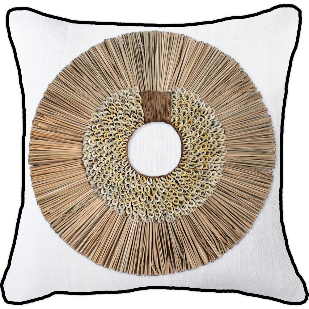 Bandhini - Design House White with Black Piping / 22 x 22 Inches Shell Ring Coffee with Wood Sticks Lounge Cushion 55 x 55 cm