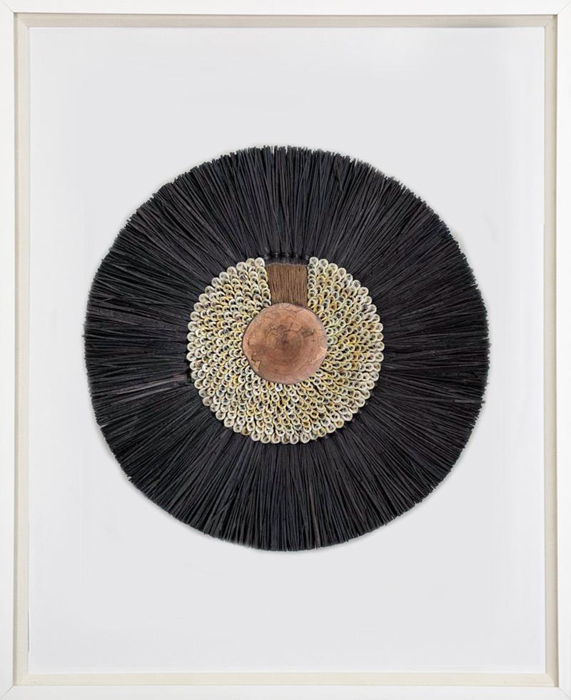 Bandhini Homewear Design Artwork African Wood, Shell Ring Coffee & Grass Mat Black on Natural Artwork 67 x 85 cm